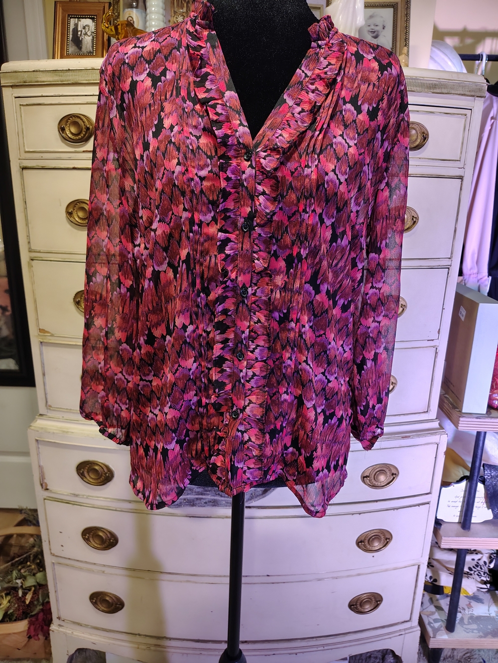 attention Sheer Pink & Black Floral Ruffle-Trim Blouse